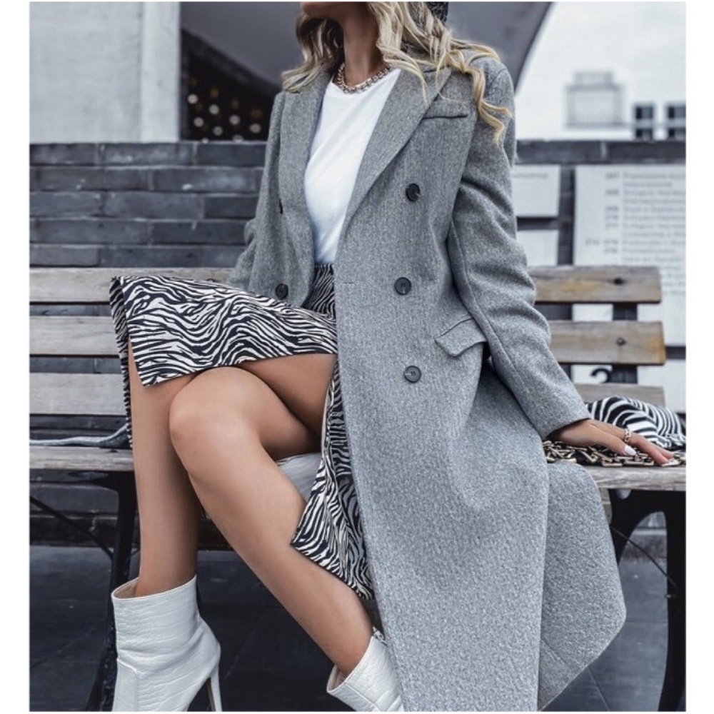 Classic Grey Button up Double Breasted Long Jacket Coat - Picture 1 of 6